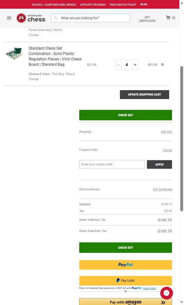 Wholesale Chess checkout page showing Wholesale Chess promo code box | Screenshot taken by SimplyCodes community member on Aug 28, 2025