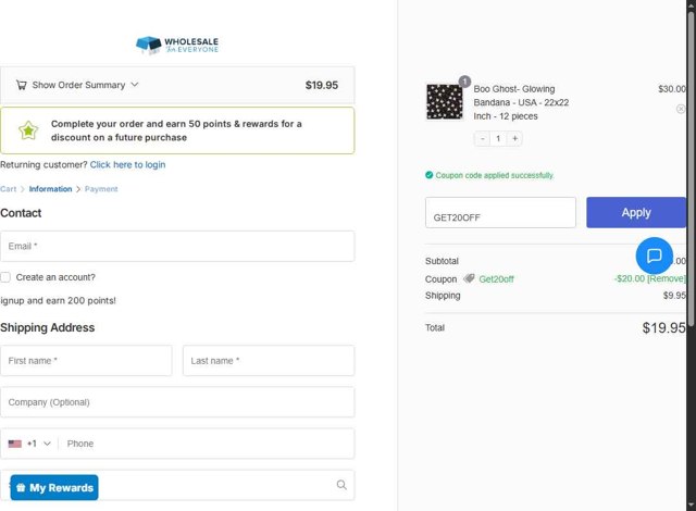 Wholesale For Everyone checkout page showing Wholesale For Everyone promo code box | Screenshot taken by SimplyCodes community member on Aug 19, 2025