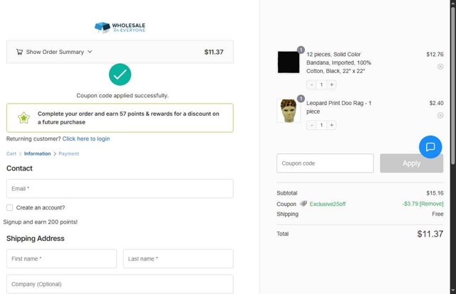 Wholesale For Everyone checkout page showing Wholesale For Everyone promo code box | Screenshot taken by SimplyCodes community member on Aug 23, 2025