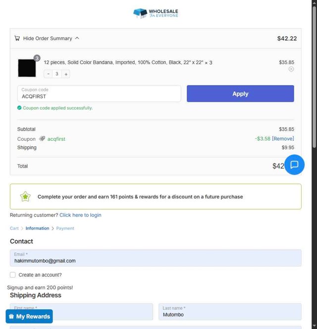 Wholesale For Everyone checkout page showing Wholesale For Everyone promo code box | Screenshot taken by SimplyCodes community member on Jul 9, 2025