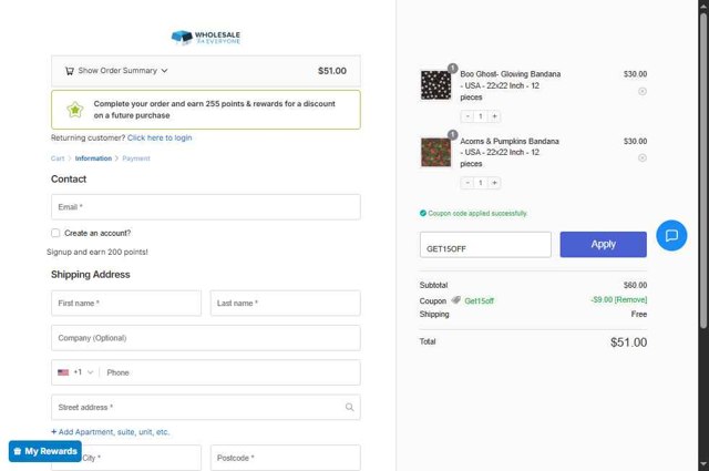 Wholesale For Everyone checkout page showing Wholesale For Everyone promo code box | Screenshot taken by SimplyCodes community member on Aug 15, 2025