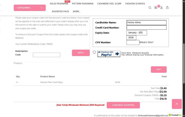 Wholesale Scarves USA checkout page showing Wholesale Scarves USA coupon code box | Screenshot taken by SimplyCodes community member on Jun 17, 2025
