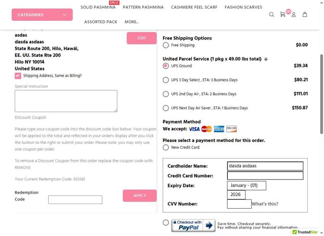 Wholesale Scarves USA checkout page showing Wholesale Scarves USA coupon code box | Screenshot taken by SimplyCodes community member on May 8, 2025