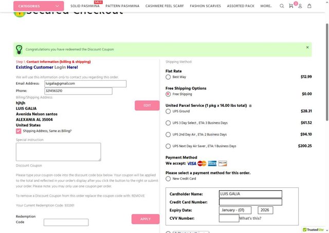 Wholesale Scarves USA checkout page showing Wholesale Scarves USA coupon code box | Screenshot taken by SimplyCodes community member on May 8, 2025