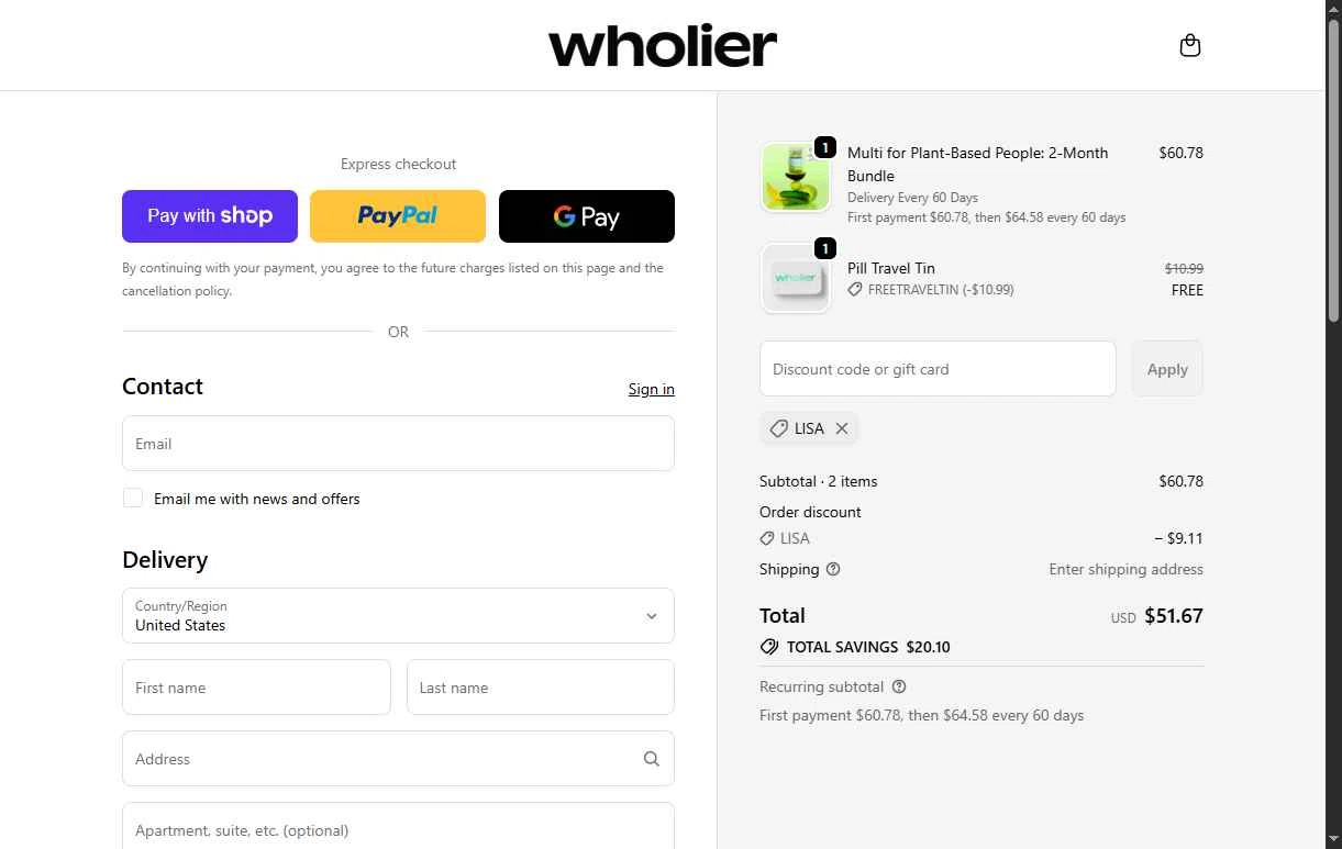 Wholier checkout page showing Wholier discount code box | Screenshot taken by SimplyCodes community member on Jan 9, 2026