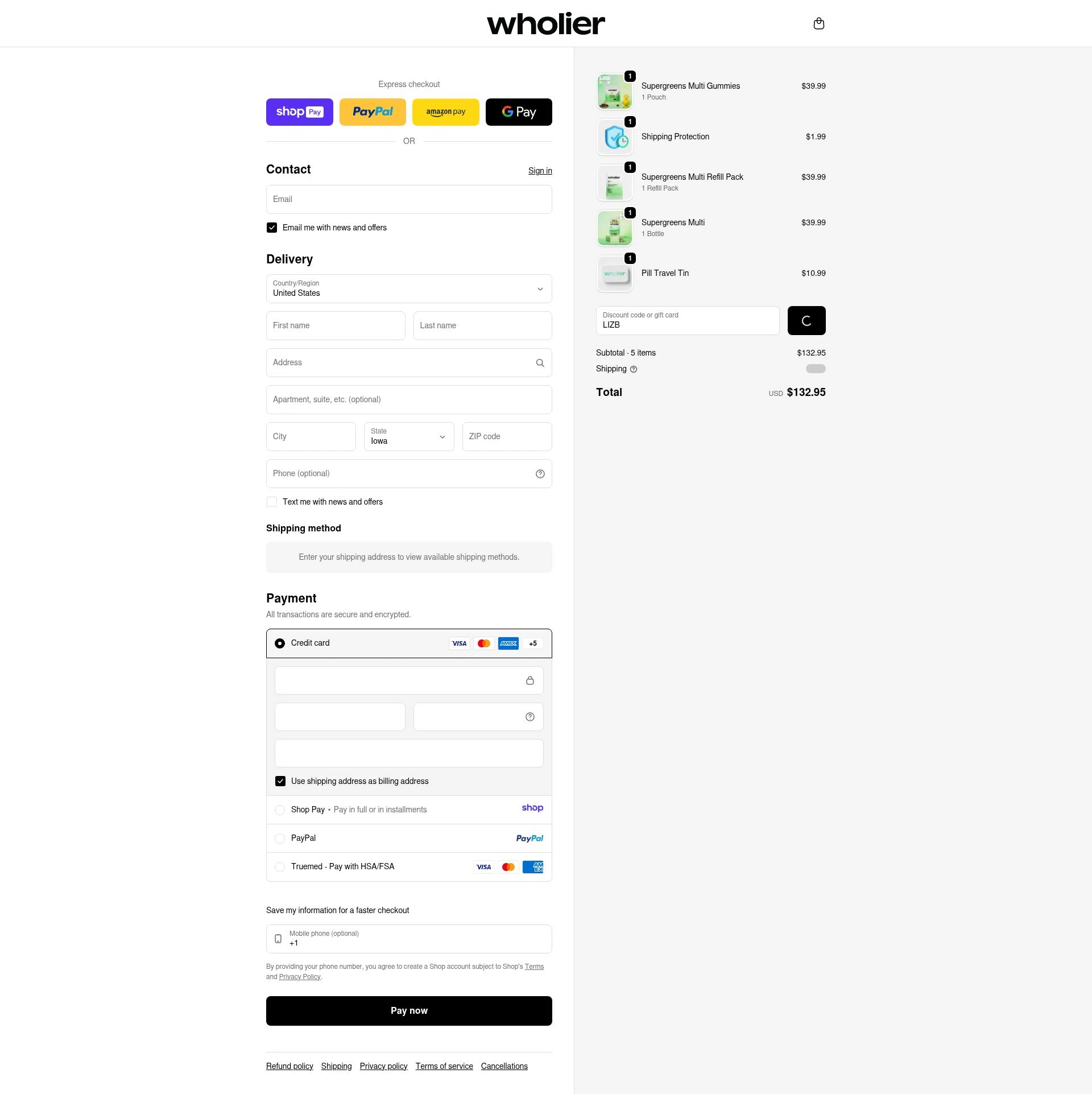 Wholier checkout page showing Wholier discount code box | Screenshot taken by SimplyCodes community member on Jan 9, 2026