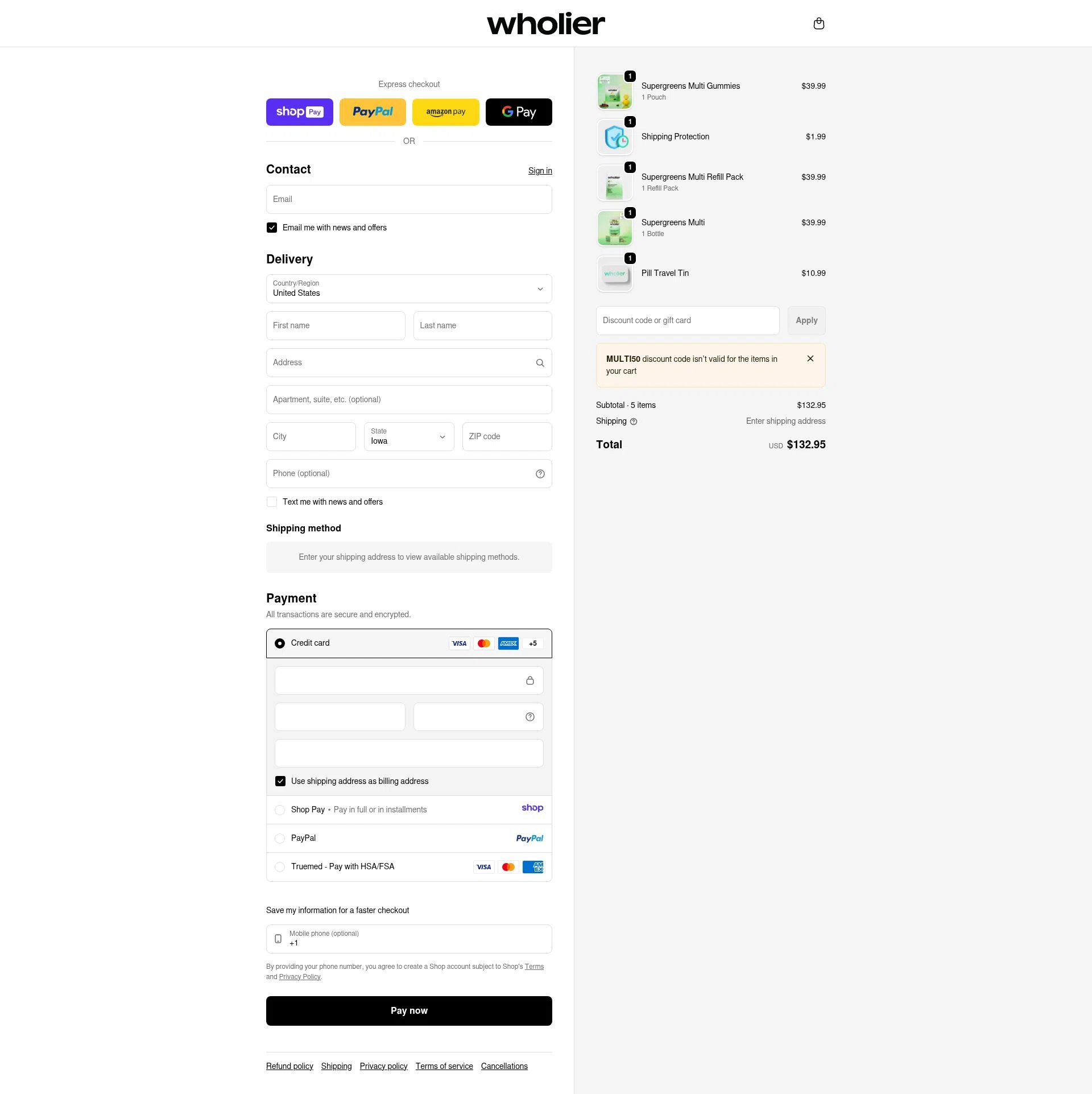 Wholier checkout page showing Wholier discount code box | Screenshot taken by SimplyCodes community member on Jan 9, 2026