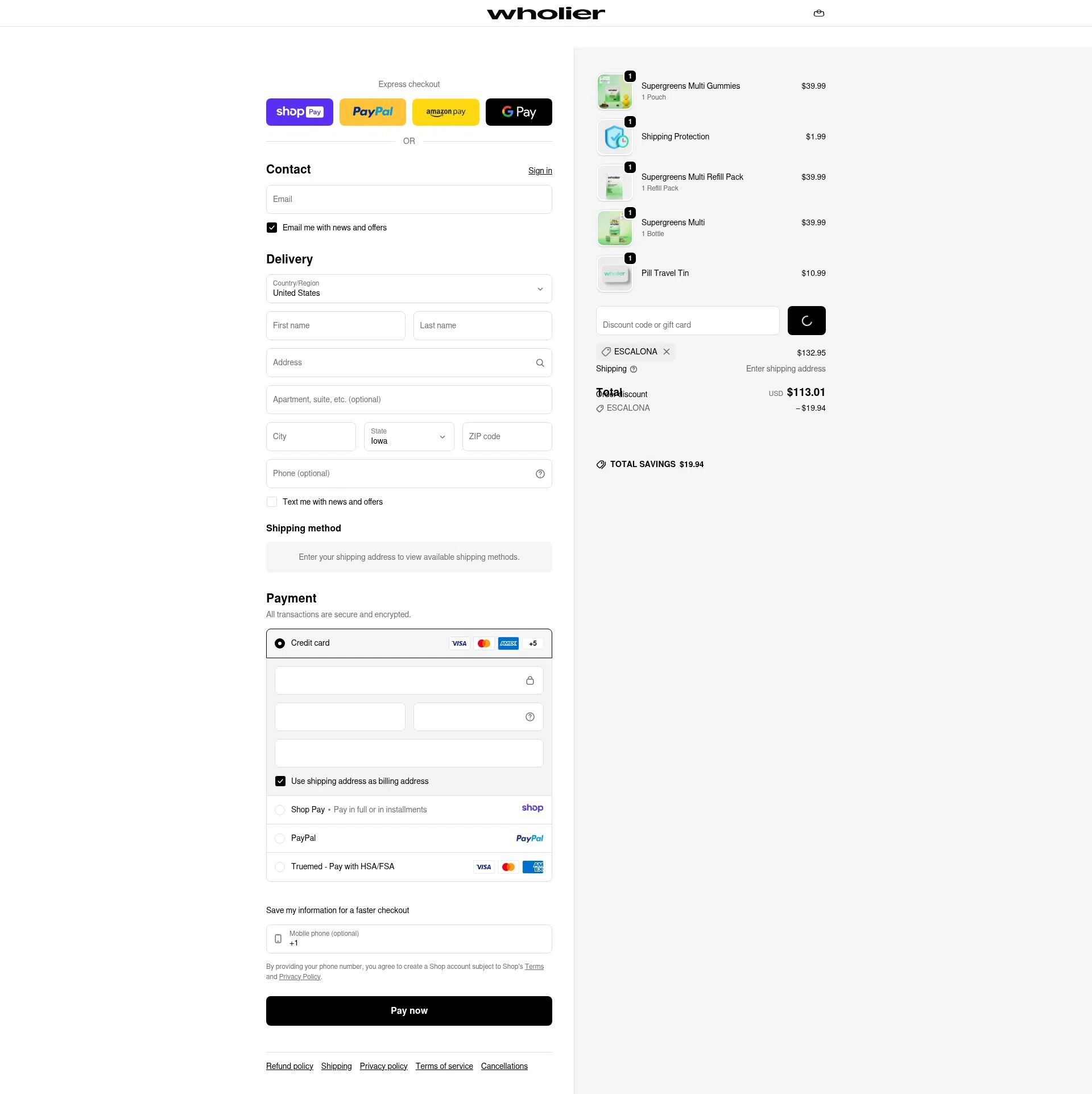 Wholier checkout page showing Wholier discount code box | Screenshot taken by SimplyCodes community member on Jan 9, 2026