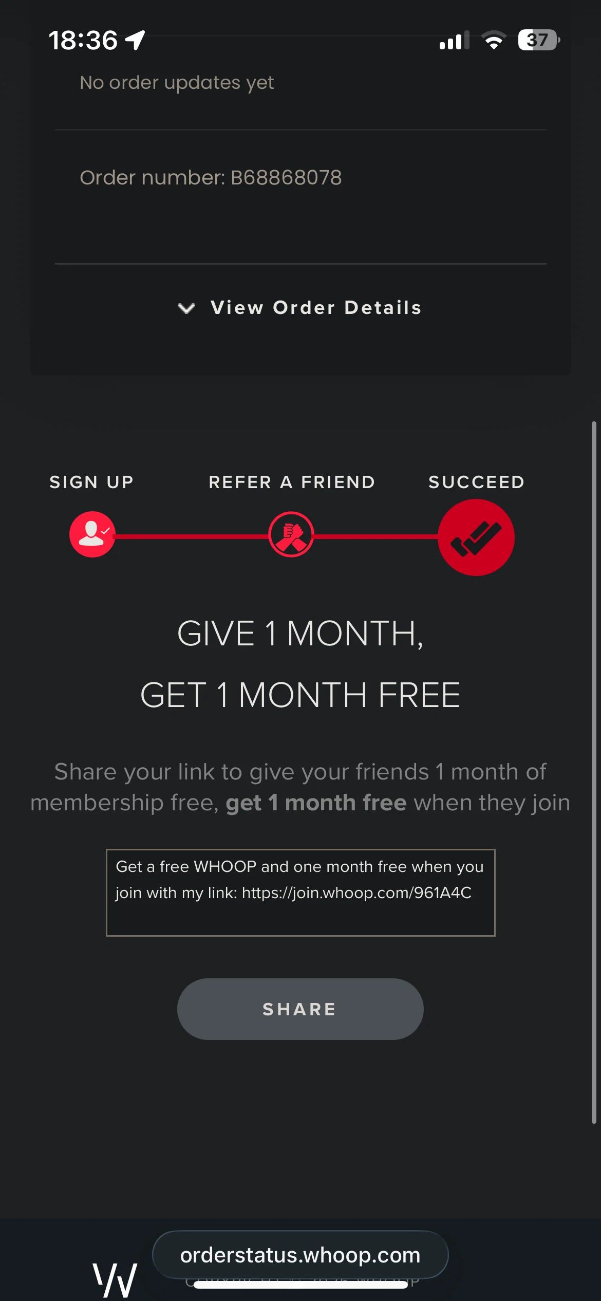 Verification screenshot for 1 Month Free Storewide (new Customers Only) at Whoop - 16h ago