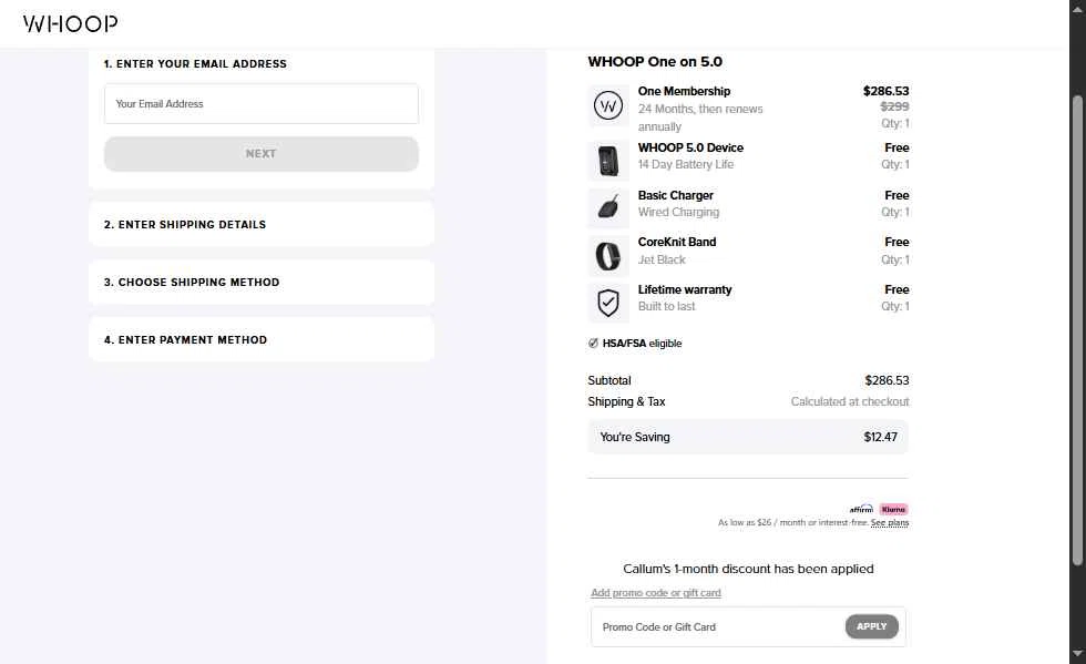 Verification screenshot for 1 Month Free Storewide (new Customers Only) at Whoop - 15h ago