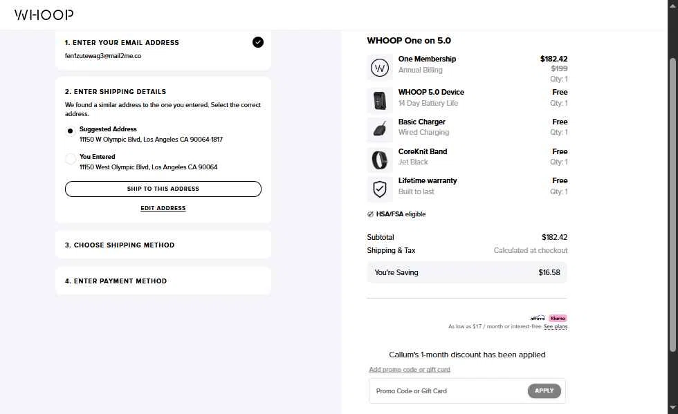 Verification screenshot for 1 Month Free Storewide (new Customers Only) at Whoop - 15h ago