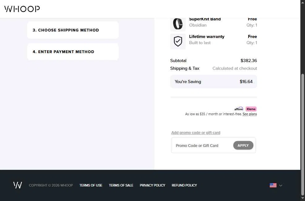 Whoop checkout page showing Whoop discount code box | Screenshot taken by SimplyCodes community member on Jan 21, 2026