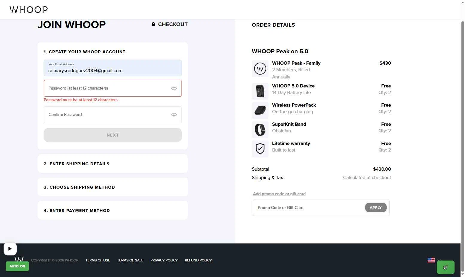 Whoop checkout page showing Whoop discount code box | Screenshot taken by SimplyCodes community member on Feb 13, 2026