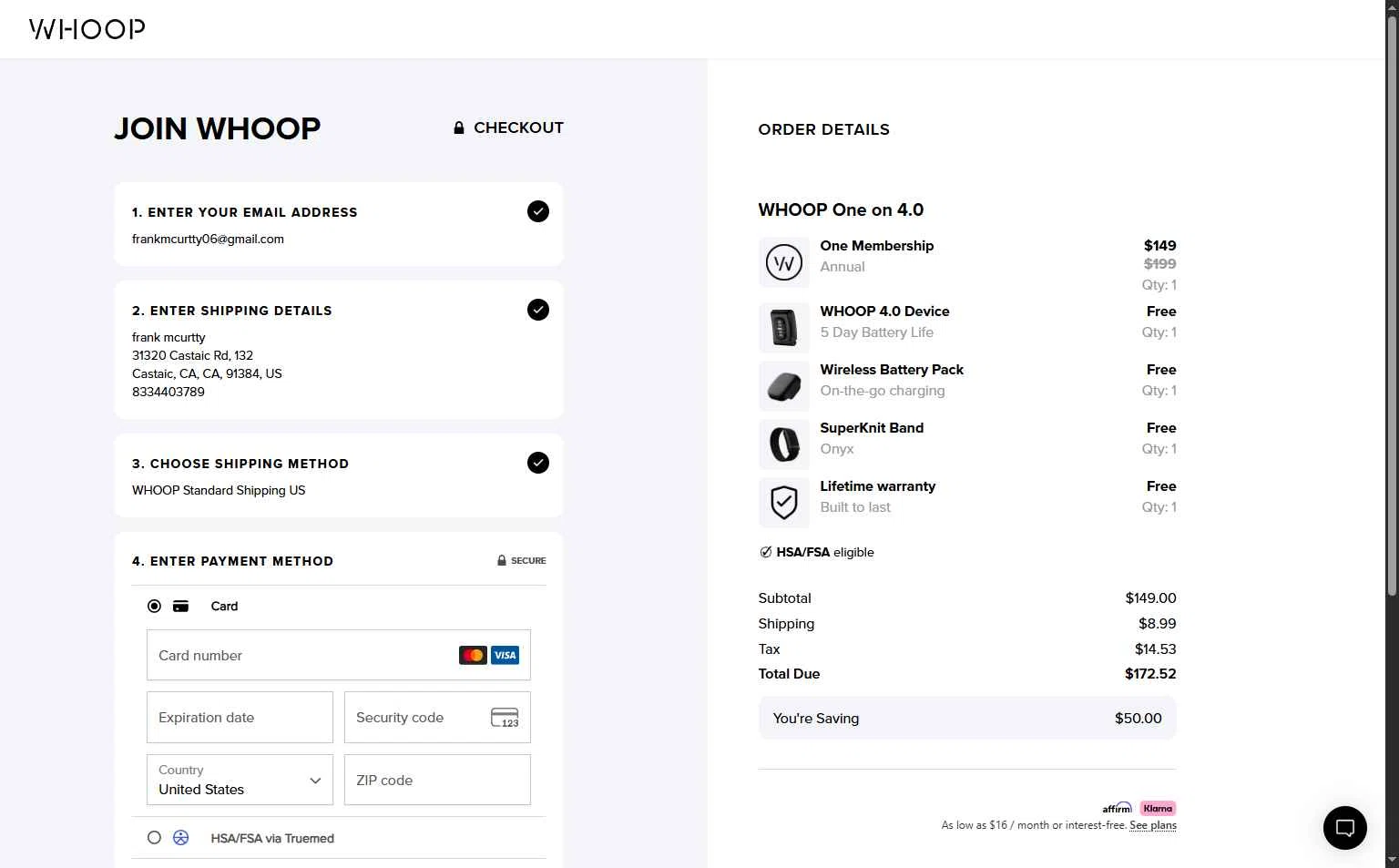 Whoop checkout page showing Whoop discount code box | Screenshot taken by SimplyCodes community member on Jan 24, 2026