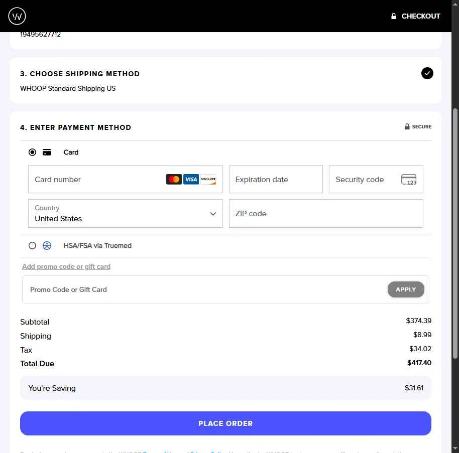 Whoop checkout page showing Whoop discount code box | Screenshot taken by SimplyCodes community member on Feb 15, 2026
