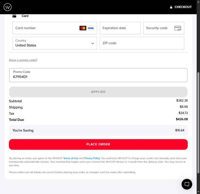 Whoop checkout page showing Whoop discount code box | Screenshot taken by SimplyCodes community member on Oct 1, 2025