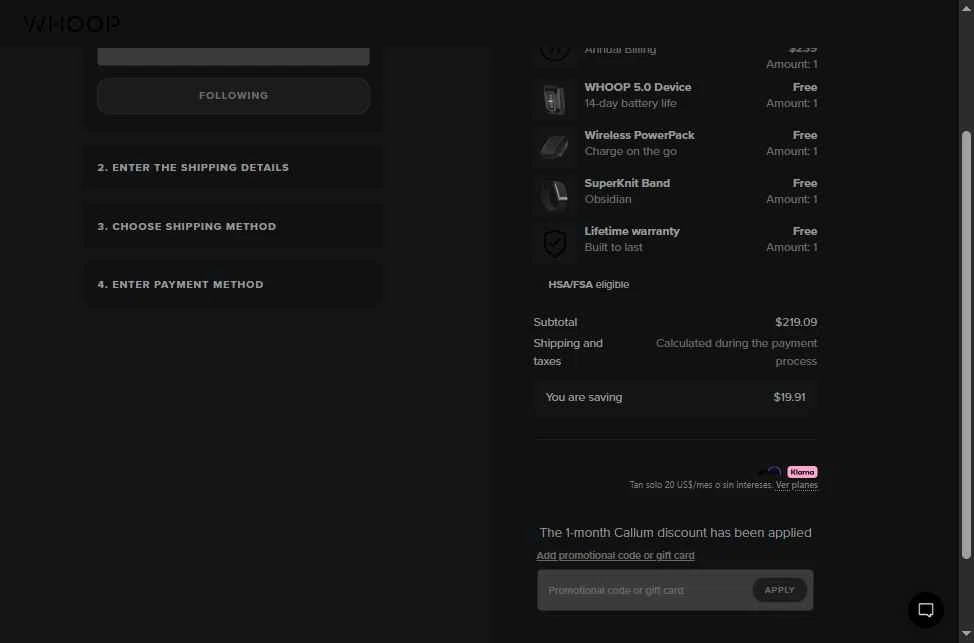 Verification screenshot for 1 Month Free Storewide (new Customers Only) at Whoop - 4d ago