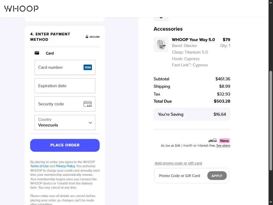 Whoop checkout page showing Whoop discount code box | Screenshot taken by SimplyCodes community member on Jan 29, 2026