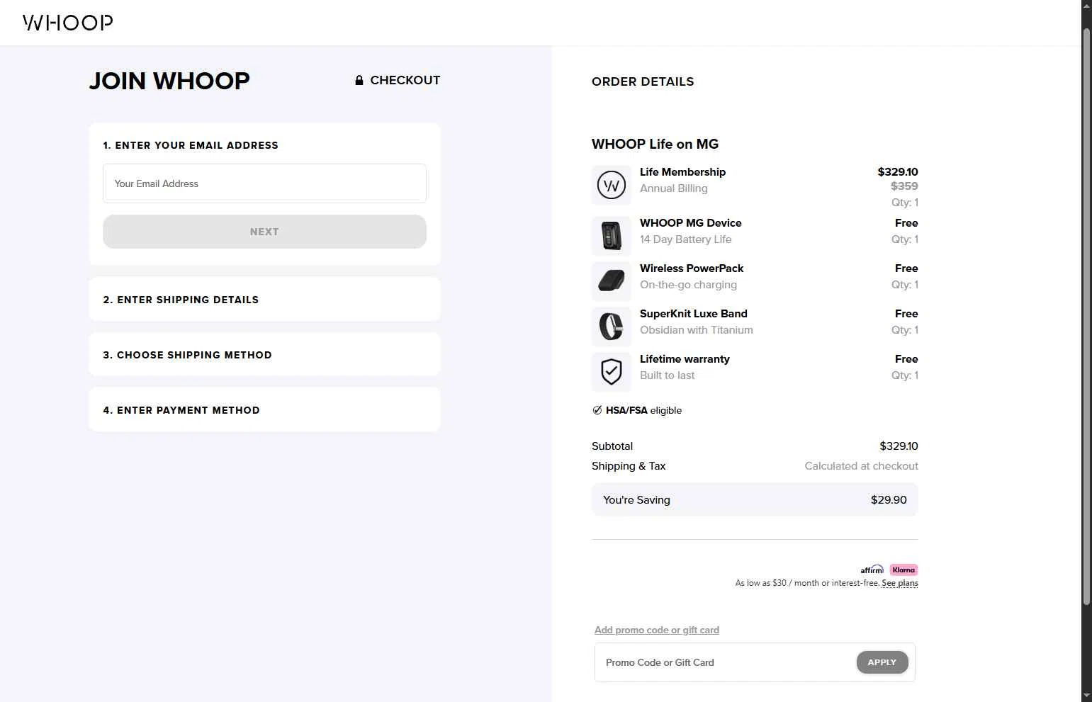 Whoop checkout page showing Whoop discount code box | Screenshot taken by SimplyCodes community member on Feb 15, 2026