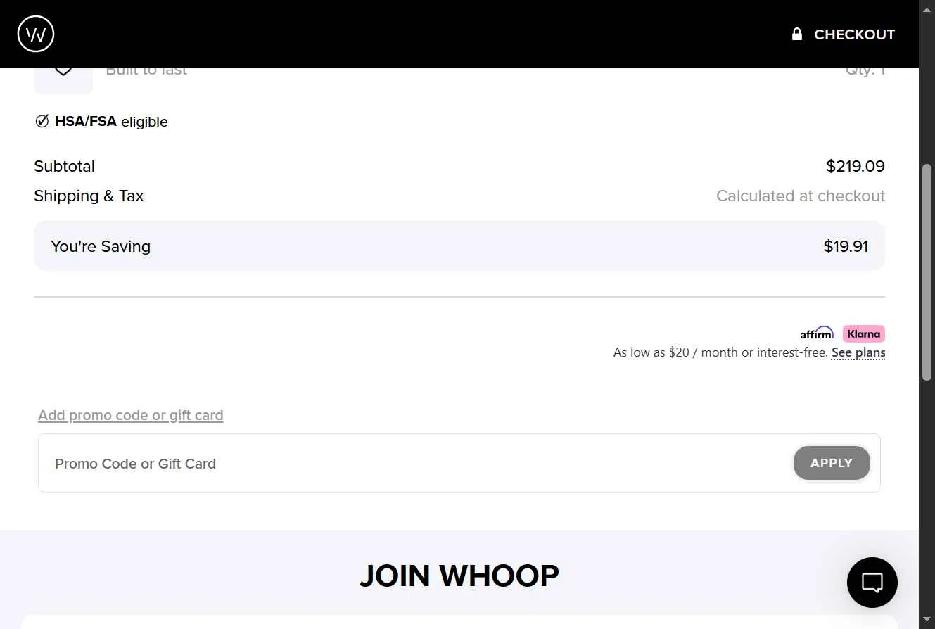 Verification screenshot for One Month Free Select Items at Whoop — 2mo ago