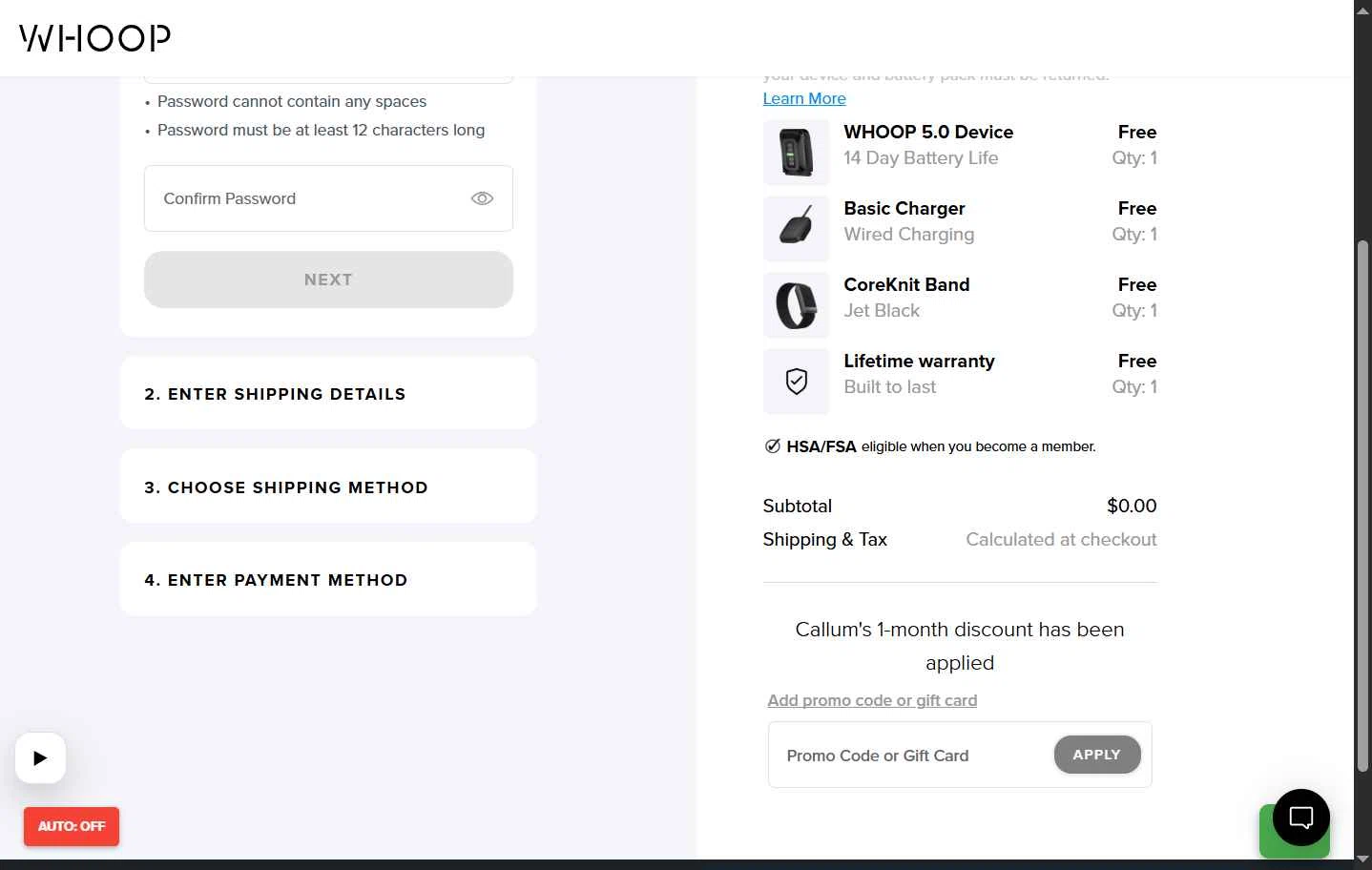 Verification screenshot for 1 Month Free Storewide (new Customers Only) at Whoop - 12d ago