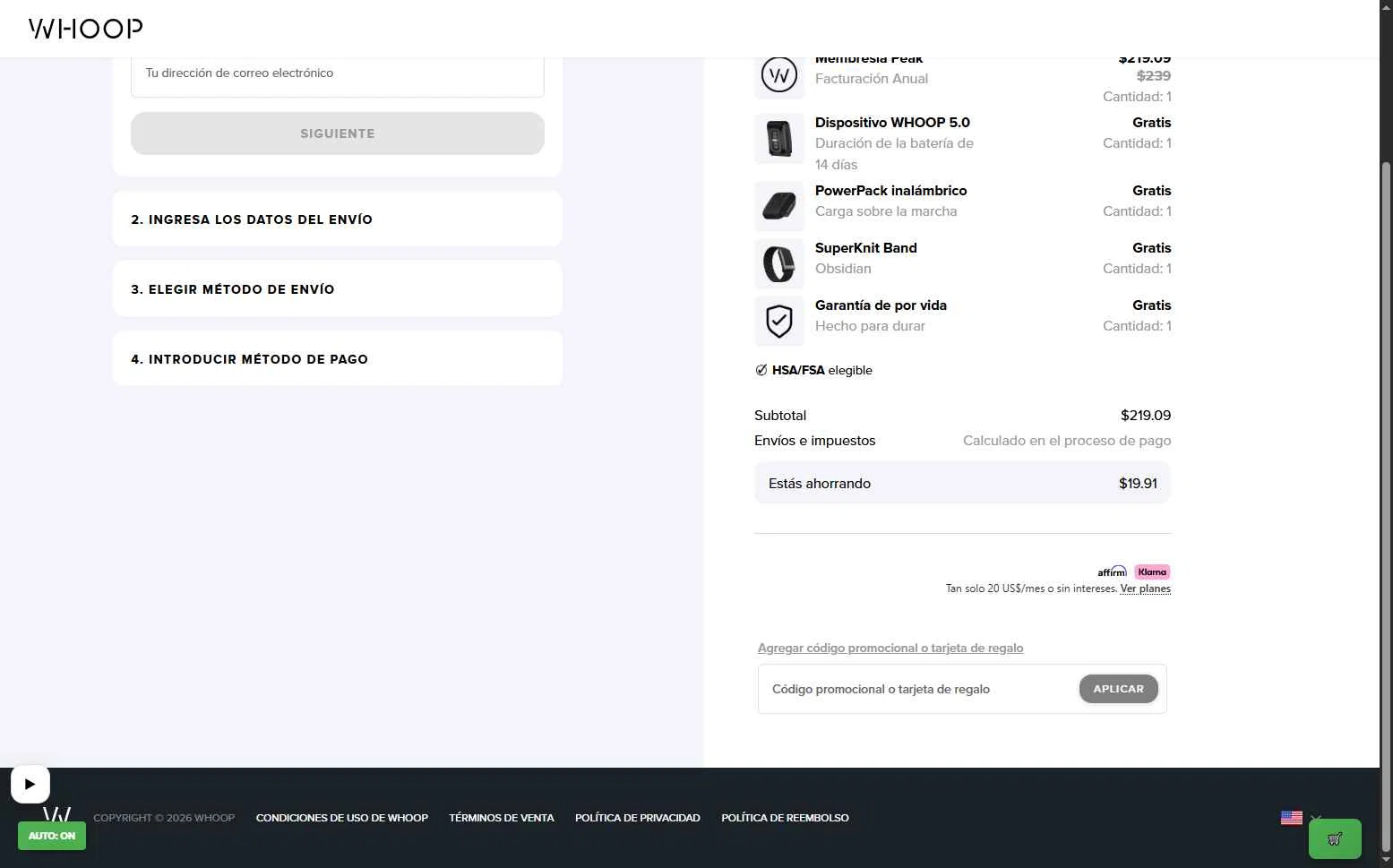 Whoop checkout page showing Whoop discount code box | Screenshot taken by SimplyCodes community member on Jan 29, 2026
