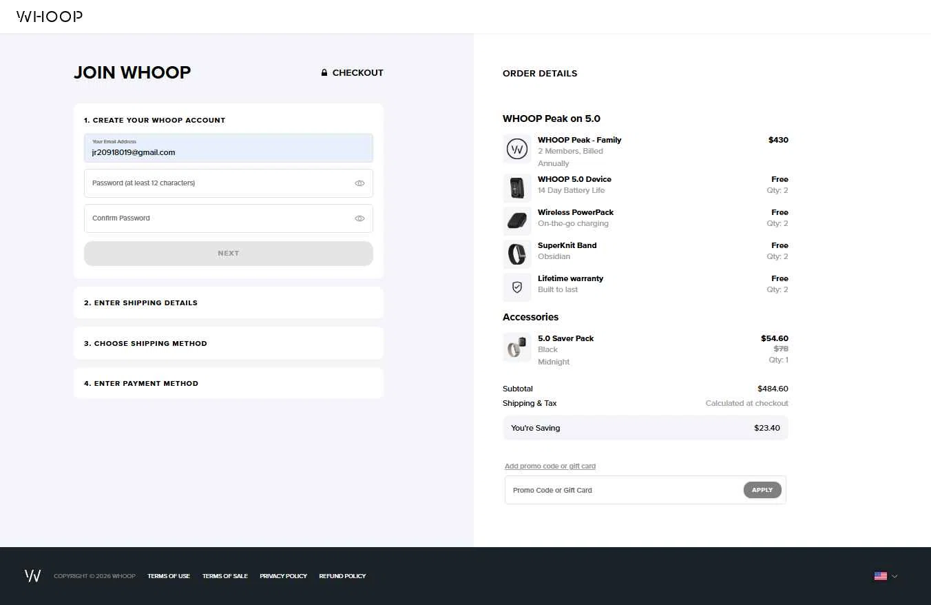 Whoop checkout page showing Whoop discount code box | Screenshot taken by SimplyCodes community member on Jan 24, 2026