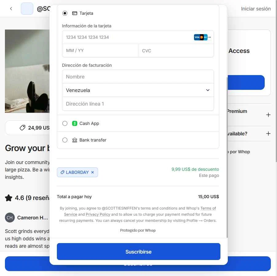 Whop checkout page showing Whop promo code box | Screenshot taken by SimplyCodes community member on Feb 3, 2026