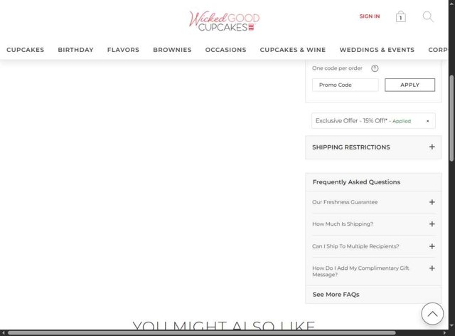 Wicked Good Cupcake checkout page showing Wicked Good Cupcake promo code box | Screenshot taken by SimplyCodes community member on Aug 4, 2025