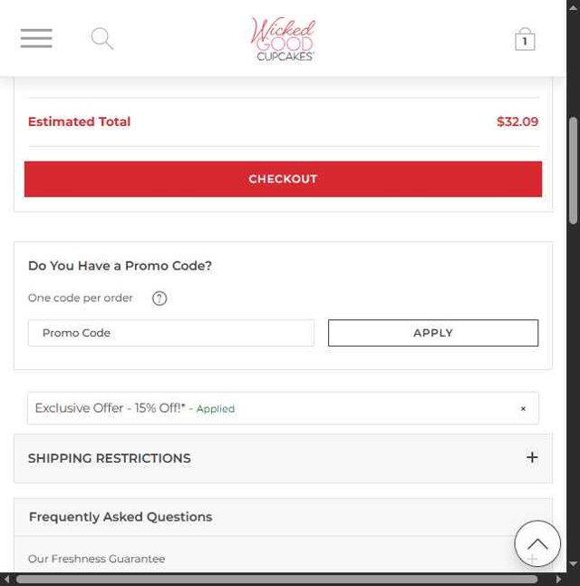 Wicked Good Cupcake checkout page showing Wicked Good Cupcake promo code box | Screenshot taken by SimplyCodes community member on Jul 12, 2025
