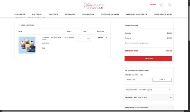 Wicked Good Cupcake checkout page showing Wicked Good Cupcake promo code box | Screenshot taken by SimplyCodes community member on Jul 26, 2025