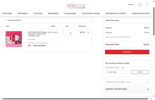 Wicked Good Cupcake checkout page showing Wicked Good Cupcake promo code box | Screenshot taken by SimplyCodes community member on Jun 19, 2025