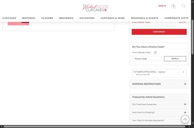 Wicked Good Cupcake checkout page showing Wicked Good Cupcake promo code box | Screenshot taken by SimplyCodes community member on Aug 13, 2025