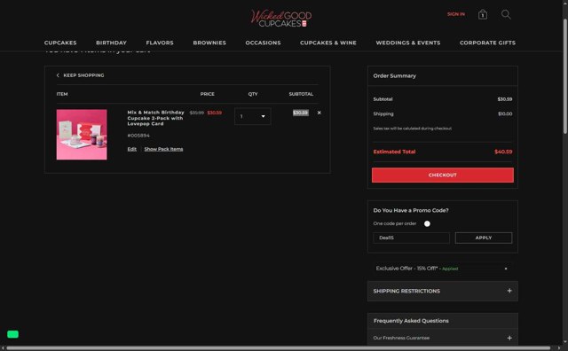 Wicked Good Cupcake checkout page showing Wicked Good Cupcake promo code box | Screenshot taken by SimplyCodes community member on Aug 13, 2025