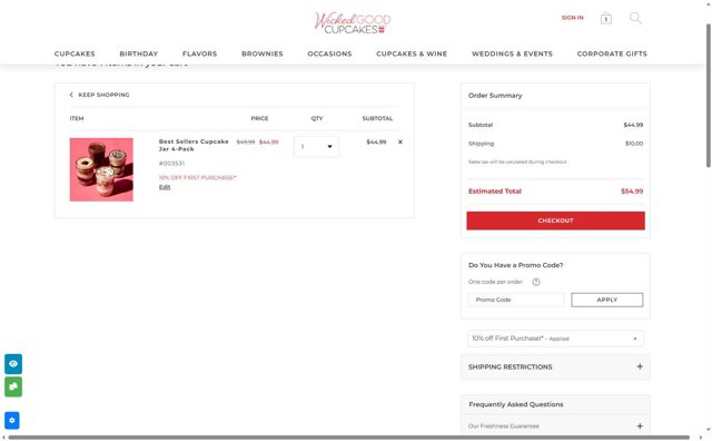 Wicked Good Cupcake checkout page showing Wicked Good Cupcake promo code box | Screenshot taken by SimplyCodes community member on Jun 19, 2025