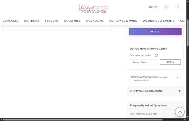 Wicked Good Cupcake checkout page showing Wicked Good Cupcake promo code box | Screenshot taken by SimplyCodes community member on Aug 23, 2025