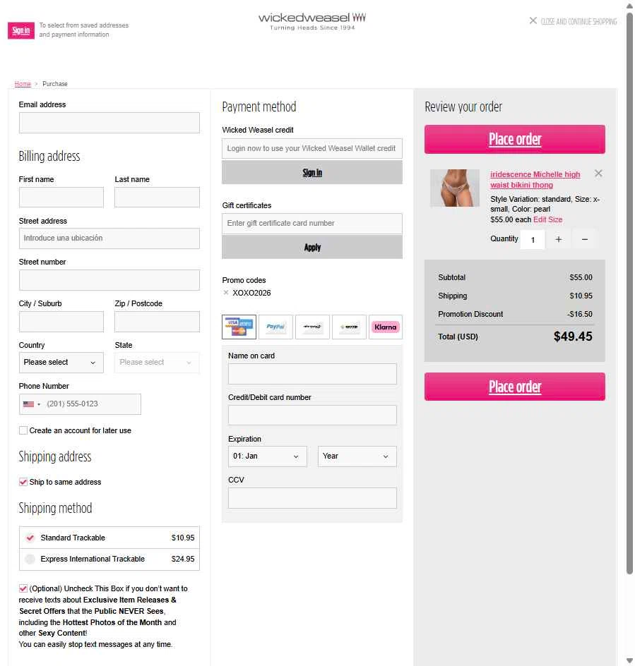 Wicked Weasel checkout page showing Wicked Weasel coupon code box | Screenshot taken by SimplyCodes community member on Dec 26, 2025