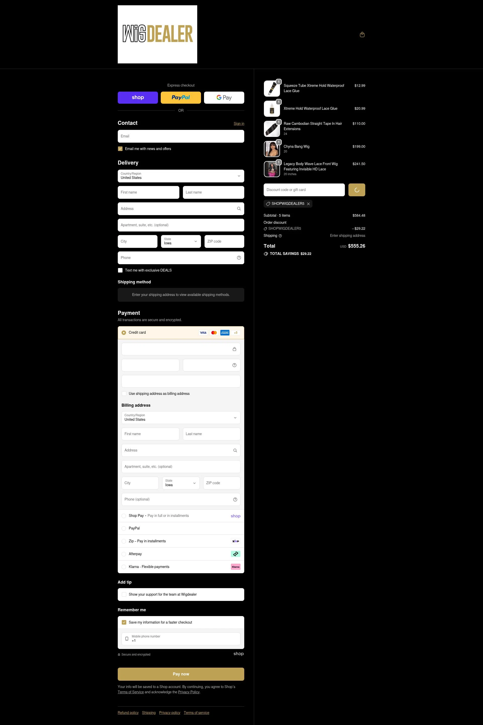 Wig Dealer checkout page showing Wig Dealer discount code box | Screenshot taken by SimplyCodes community member on Jan 23, 2026
