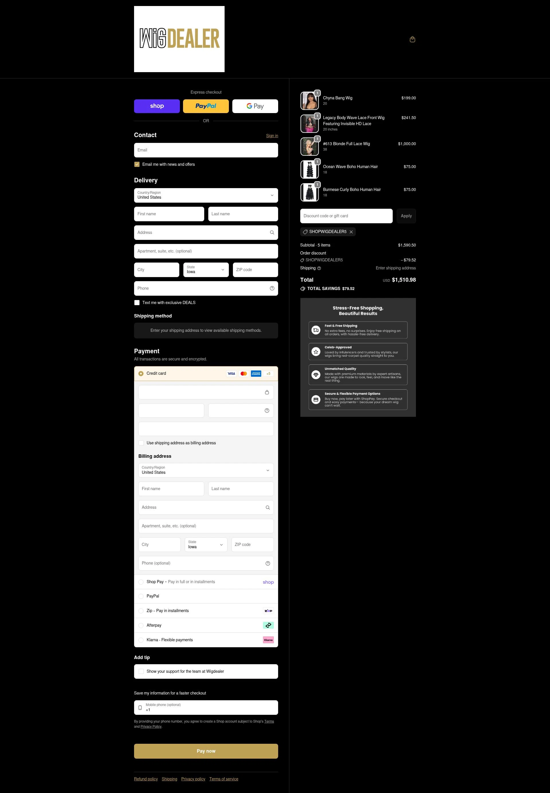 Wig Dealer checkout page showing Wig Dealer discount code box | Screenshot taken by SimplyCodes community member on Feb 5, 2026