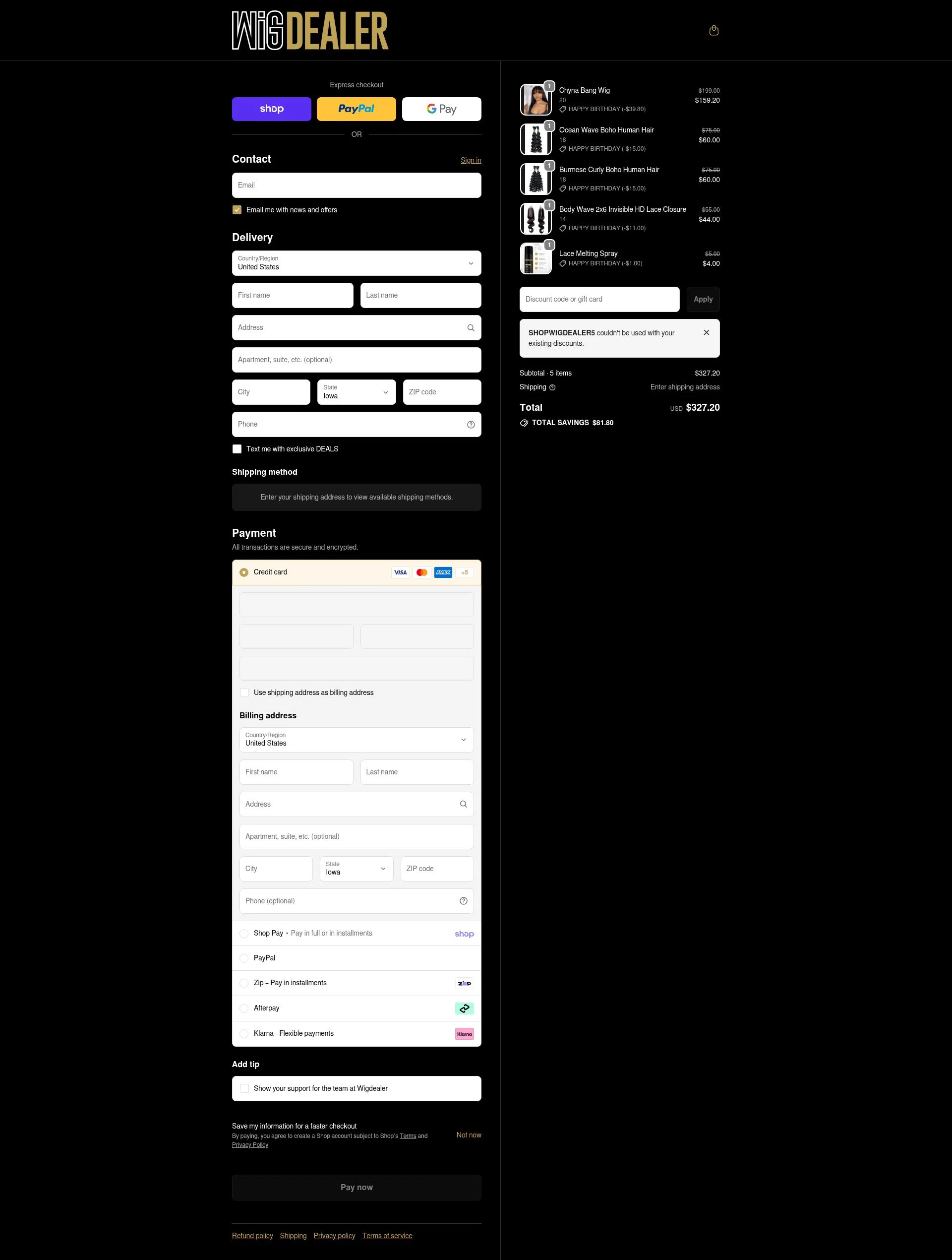 Wig Dealer checkout page showing Wig Dealer discount code box | Screenshot taken by SimplyCodes community member on Feb 14, 2026