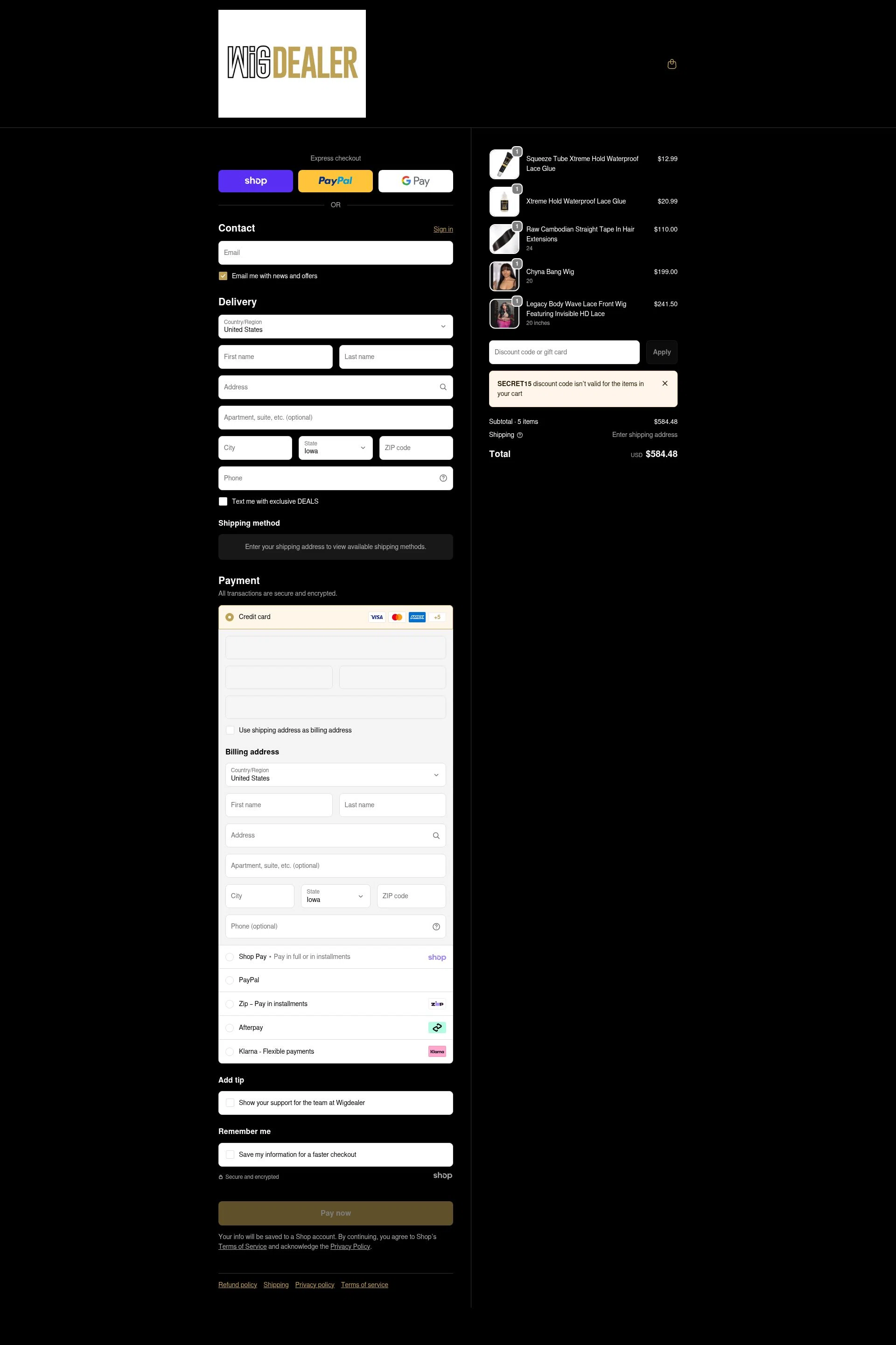Wig Dealer checkout page showing Wig Dealer discount code box | Screenshot taken by SimplyCodes community member on Jan 23, 2026