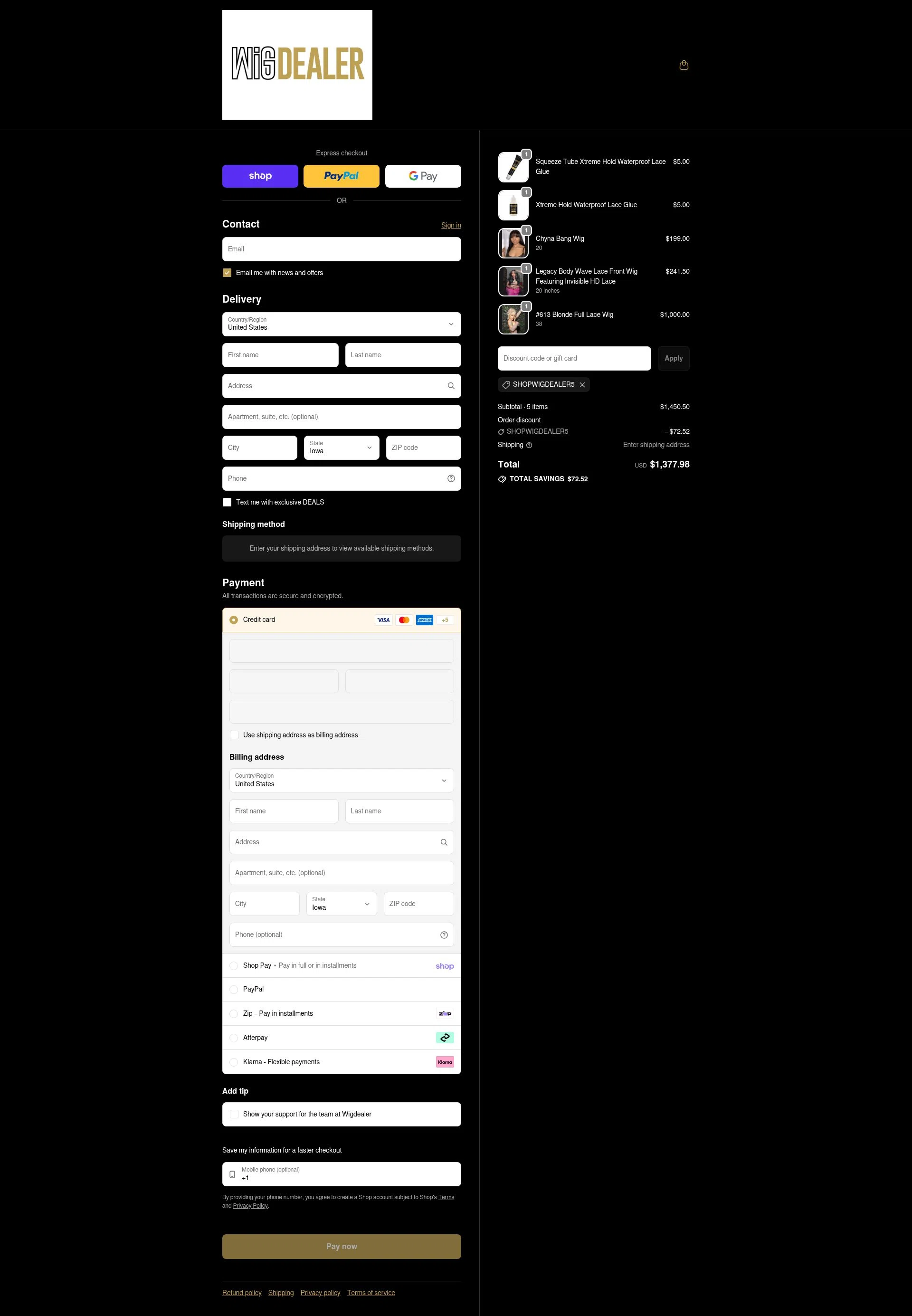 Wig Dealer checkout page showing Wig Dealer discount code box | Screenshot taken by SimplyCodes community member on Feb 1, 2026