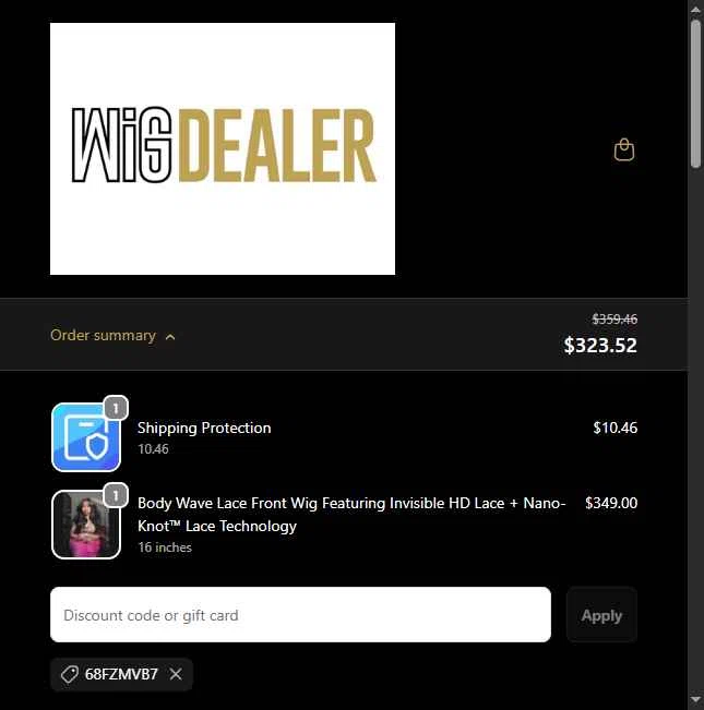 Wig Dealer checkout page showing Wig Dealer discount code box | Screenshot taken by SimplyCodes community member on Jan 28, 2026