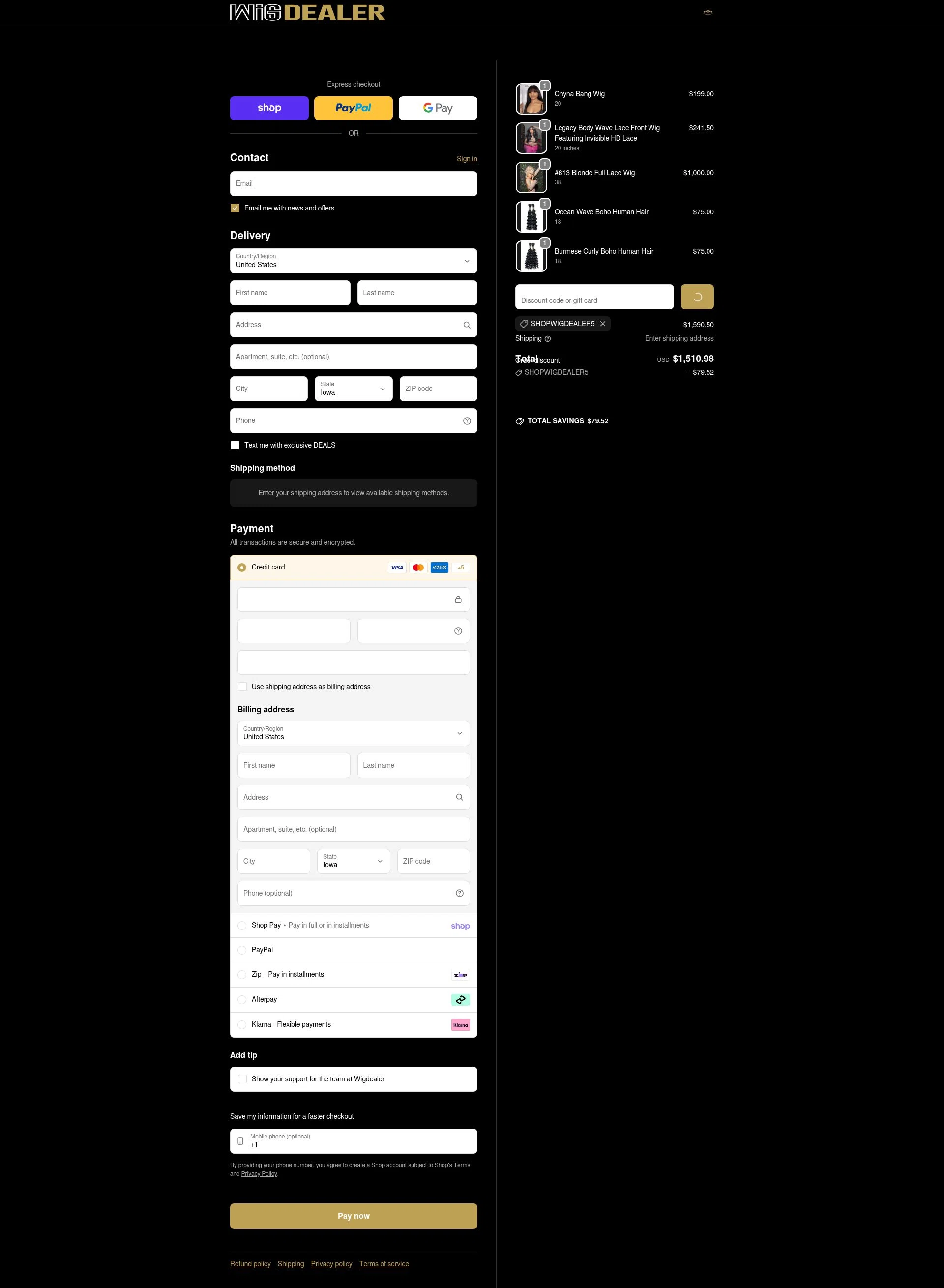 Wig Dealer checkout page showing Wig Dealer discount code box | Screenshot taken by SimplyCodes community member on Feb 10, 2026