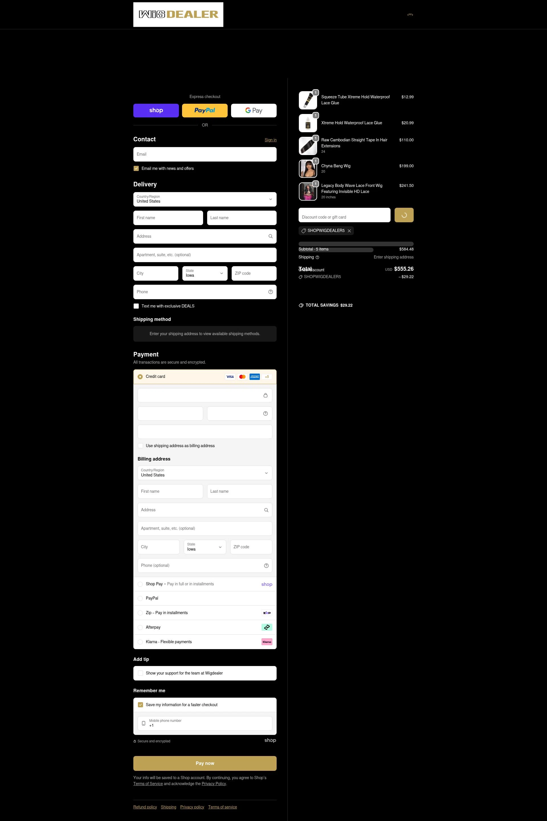 Wig Dealer checkout page showing Wig Dealer discount code box | Screenshot taken by SimplyCodes community member on Jan 28, 2026