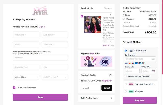WigFever checkout page showing WigFever coupon code box | Screenshot taken by SimplyCodes community member on Jul 1, 2025