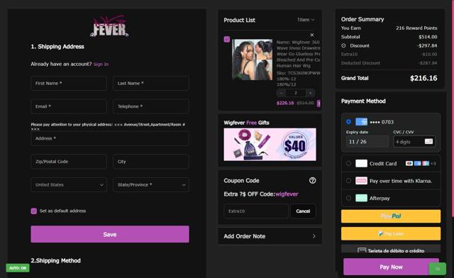 WigFever checkout page showing WigFever coupon code box | Screenshot taken by SimplyCodes community member on Aug 20, 2025