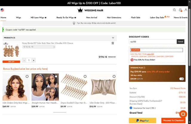 Wiggins Hair checkout page showing Wiggins Hair coupon code box | Screenshot taken by SimplyCodes community member on Sep 1, 2025