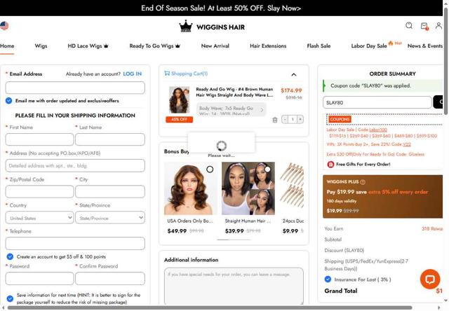 Wiggins Hair checkout page showing Wiggins Hair coupon code box | Screenshot taken by SimplyCodes community member on Aug 27, 2025