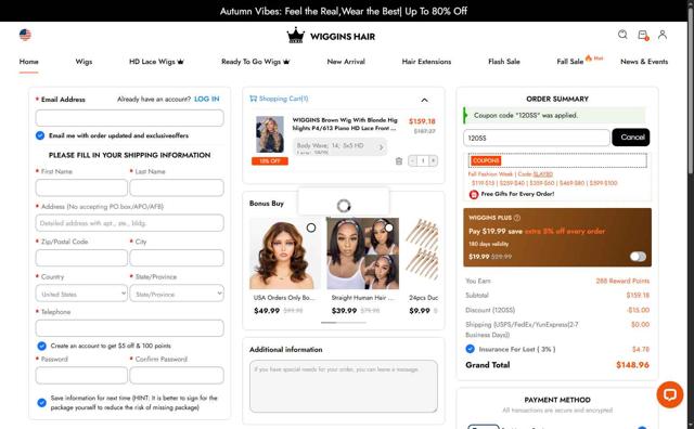 Wiggins Hair checkout page showing Wiggins Hair coupon code box | Screenshot taken by SimplyCodes community member on Sep 9, 2025